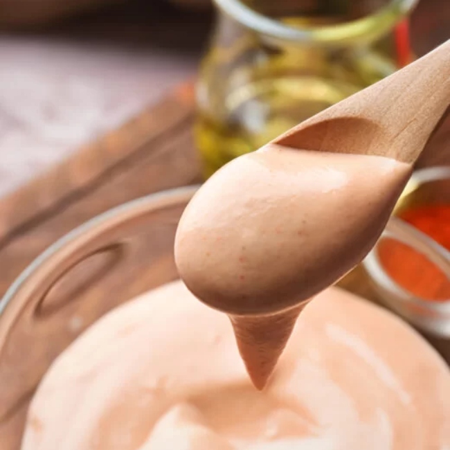 Creamy Taco Dressing in bowl with a wooden spoon